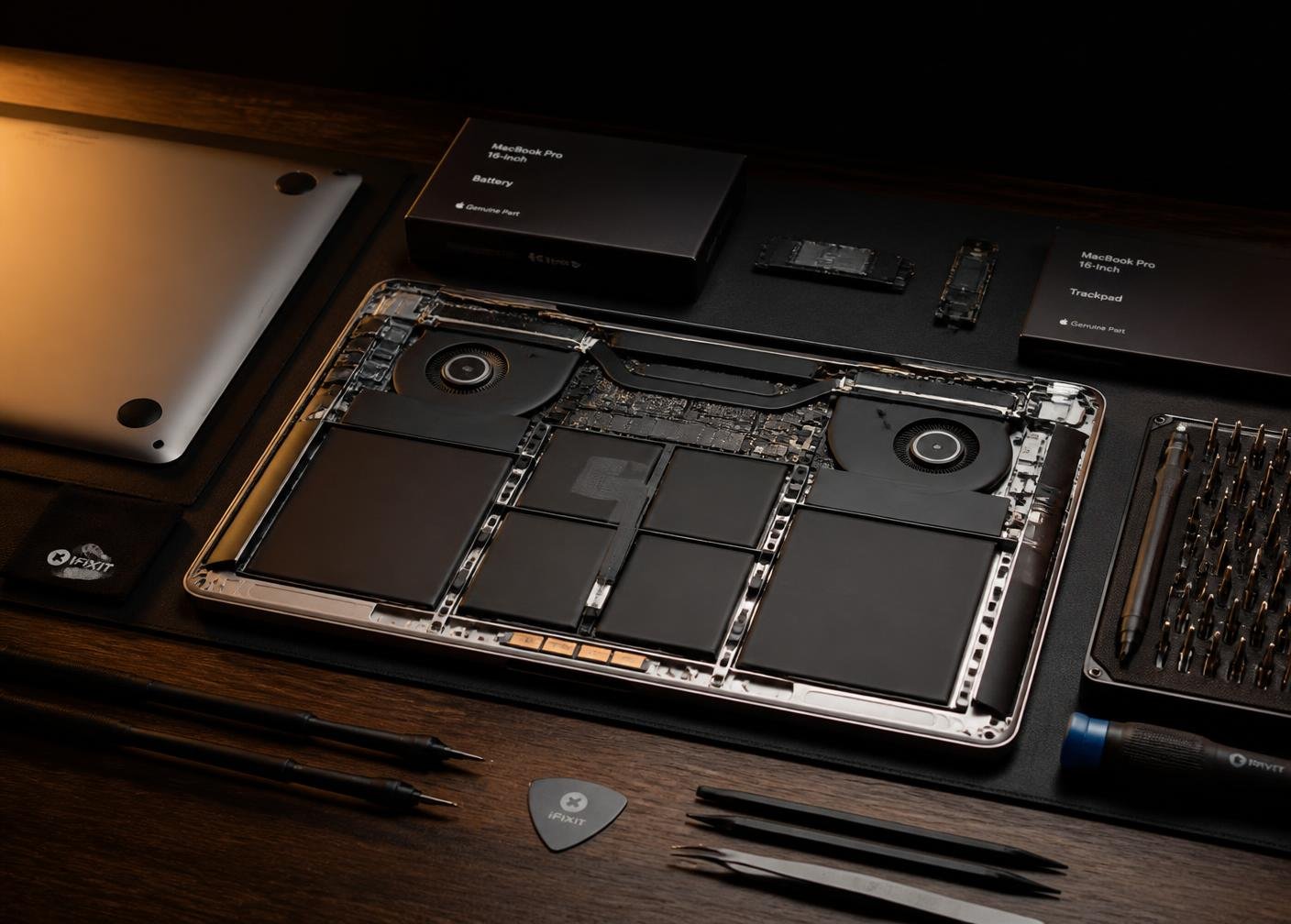 Bancada de reparo com MacBook aberto e ferramentas de precisão